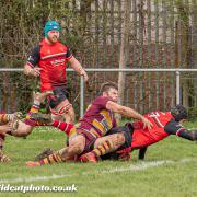 Danny Robson scores a try during Hereford’s 19-33 away victory at Malvern