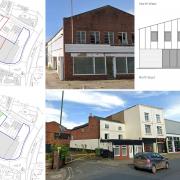 Before and after plans of the site, how the Portland Road end of the new workshop would compare with the existing building, and the showroom and garage from Eign Street