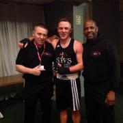 Scott Greenhill (centre) with Hereford Boxing Academy coaches Ian Stevens (left) and Del Strachan