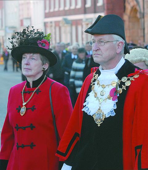 Mayor of Hereford Brian Wilcox with his wife at Hereford city's Remembrance service. Picture by Eye Contact Media.