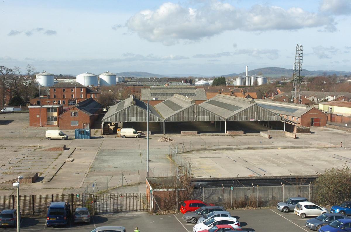 The derelict site of the former Hereford Livestock (cattle) market pictured from the top of the multi-storey car park.
