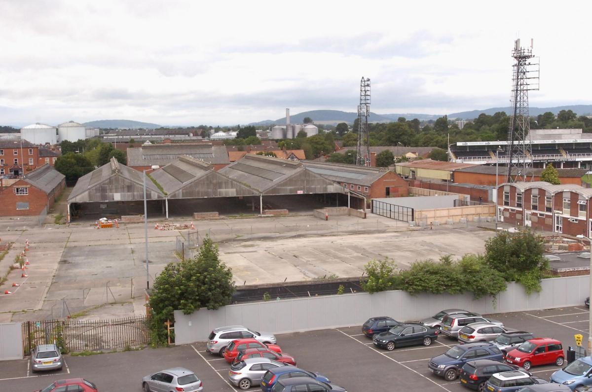 The derelict site of the former Hereford Livestock (cattle) market pictured from the top of the multi-storey car park.