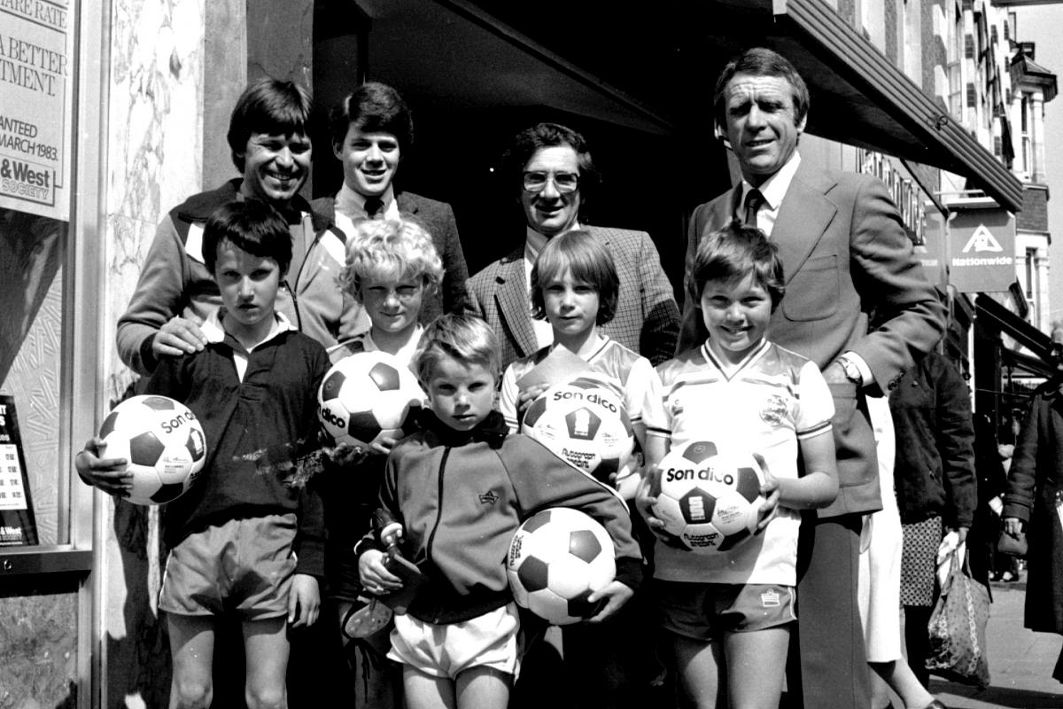 Hereford United coaching course winners receive their prizes at Ellis Sports on Commercial Street. 20-04-1982.
43086-2