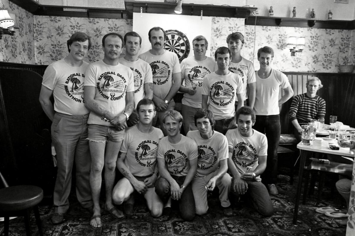24-hour darts marathon at the Rose & Crown, Wellington. 21st July, 1984.