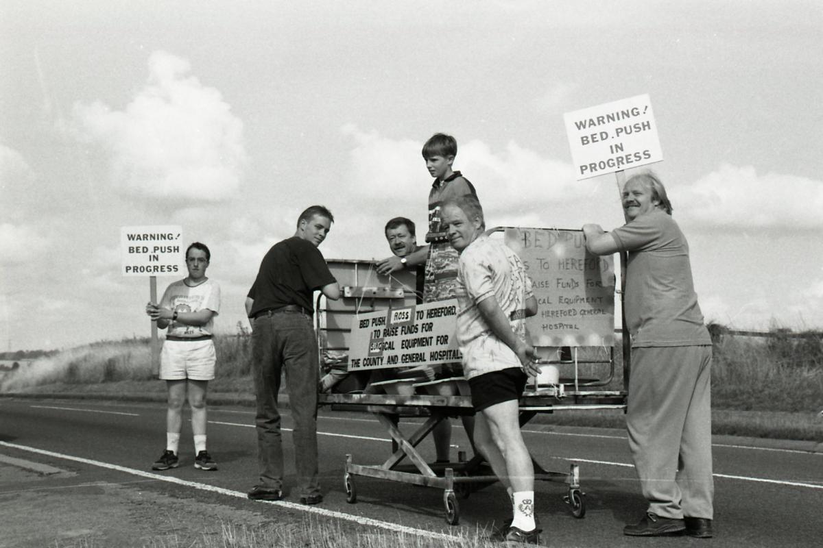 Bed Push from Ross-on-Wye to Hereford to raise funds for surgical equipment for Hereford General Hospital. 13th August 1994.