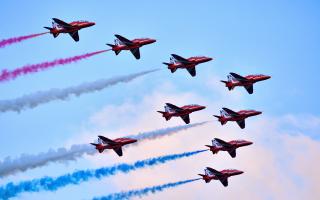 Formation flight of the Royal Air Force Aerobatics team the Red Arrows.