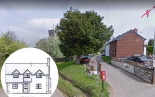 The lane which would have given access to the two new houses (from Google Street View), and inset, one of the designs
