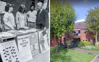 Protesters in Leominster's Corn Square meet MP Peter Temple Morris in 1982 (left), and Arkwright Court (right)