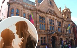Hereford's Town Hall, and a wedding couple