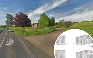 The road access the the proposed shed from the A46, and inset, what it will look like