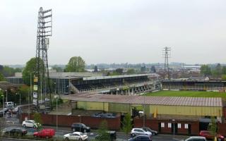 Hereford FC's Blackfriars End, seen from the Old Market car park
