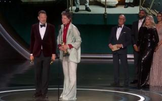 James Price (left) picking up the Oscar for Best Production Design for Poor Things