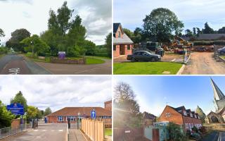 Trees in (clockwise) Weston under Penyard, Lugwardine, Ross-in-Wye and at a school in Hereford are considered as risk