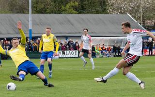 Lewis Hudson scores his first goal in a Hereford shirt during their victory at Warrington Town