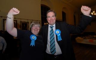 Worcester City Council Election at the Guildhall. Left to right - Councillors Lucy and Stephen Hodgson celebrate the latter's victory. Picture by Nick Toogood. (6475219)