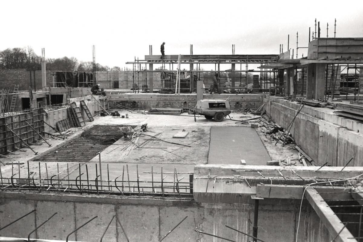 Construction of Hereford Swimming Pool. April 1st 1975. A view of the main pool being built.