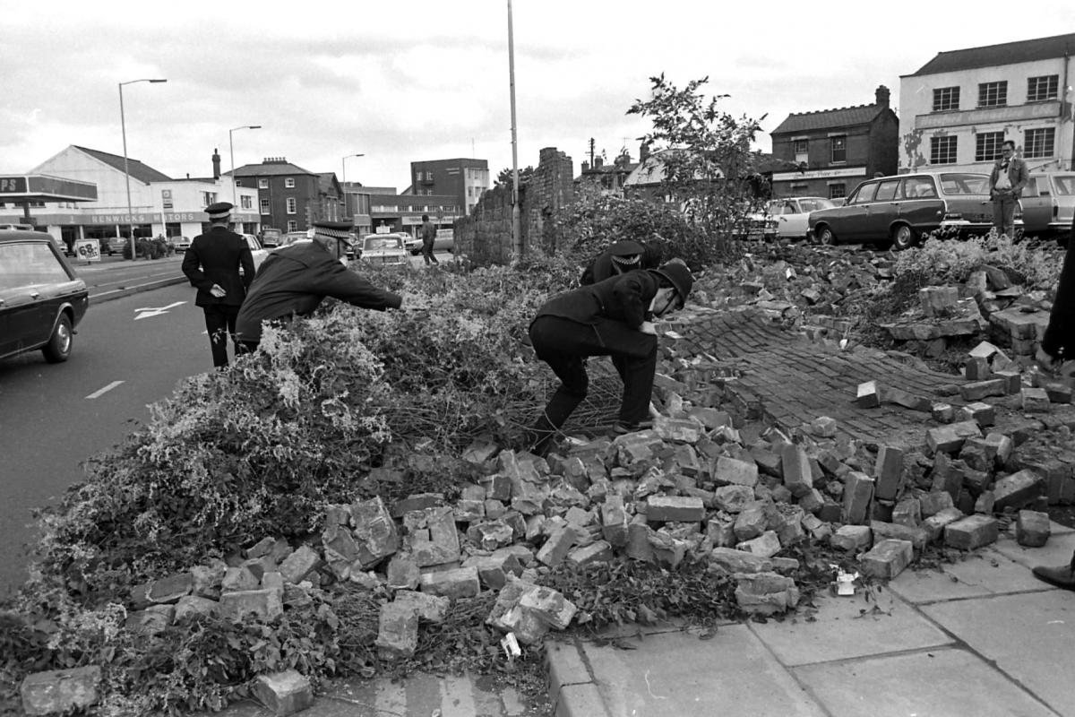 Wall blown over in high winds - Blueschool Street, 1975