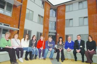 Staff and students at the Royal National College for the Blind outside one of their new halls of residence.