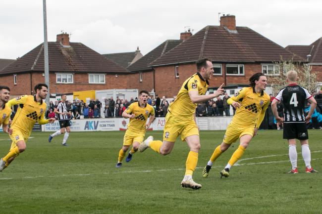 Lance Smith celebrates scoring the opening goal. Picture: Andy Walkden/Hereford FC